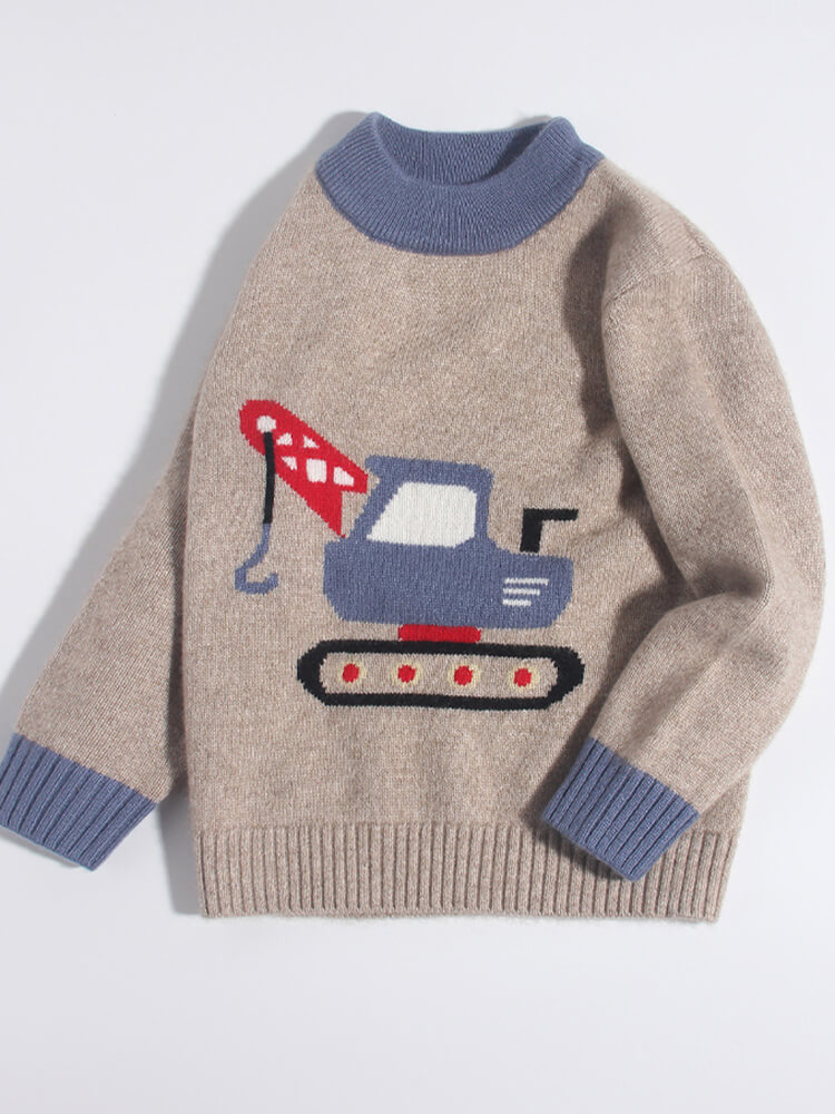 Boys Fun Excavator Knit Pattern 100% Cashmere Crew Neck Sweater